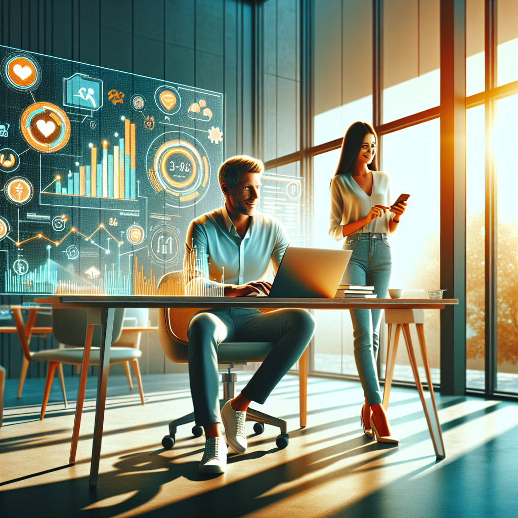 "Imagem de um profissional de marketing entusiasmado em uma moderna mesa de trabalho, conectado com um cliente feliz em sua tela. Ambientada em um ambiente digital vibrante, com gráficos de vendas e ícones de redes sociais flutuantes. O segredo do relacionamento cliente venda é construir conexões autênticas e transformar vendas com confiança."